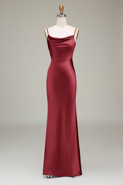 Dusty Blue Sheath Spaghetti Straps Satin Long Bridesmaid Dress