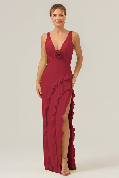 Lime Deep V Neck Ruffles Long Bridesmaid Dress with Slit