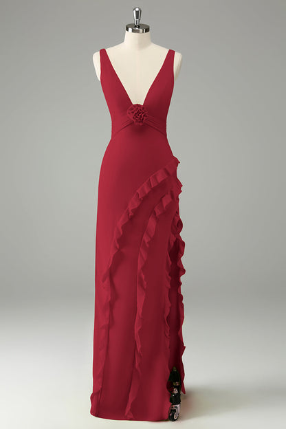 Lime Deep V Neck Ruffles Wedding Guest Dress with Slit
