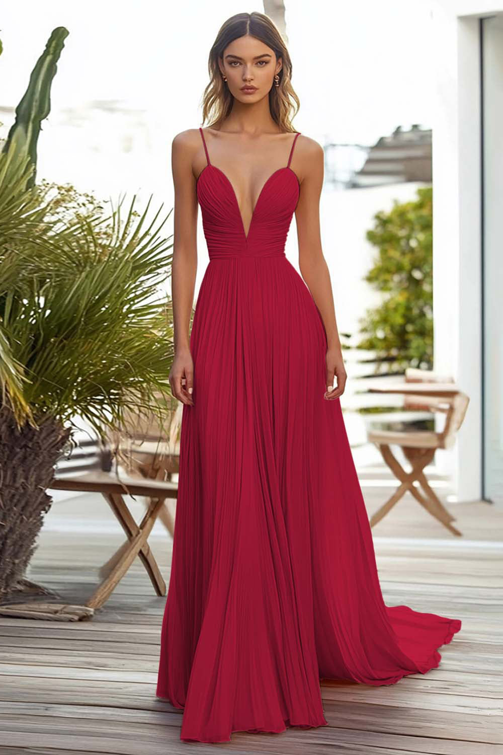 Pink Spaghetti Straps Chiffon Long Wedding Guest Dress with Pleated