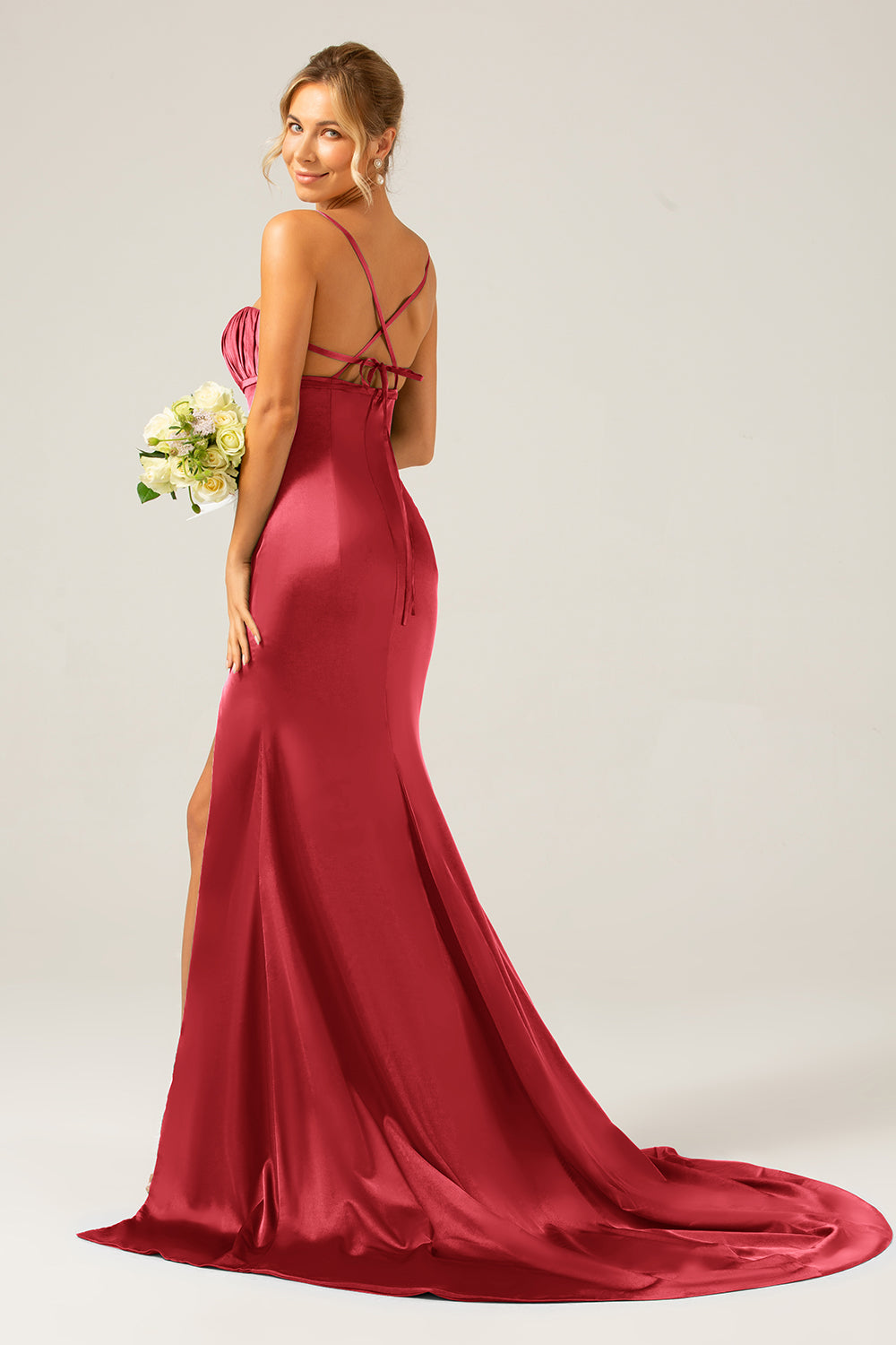 Dark Green Mermaid Spaghetti Straps Satin Long Bridesmaid Dress with Pleated