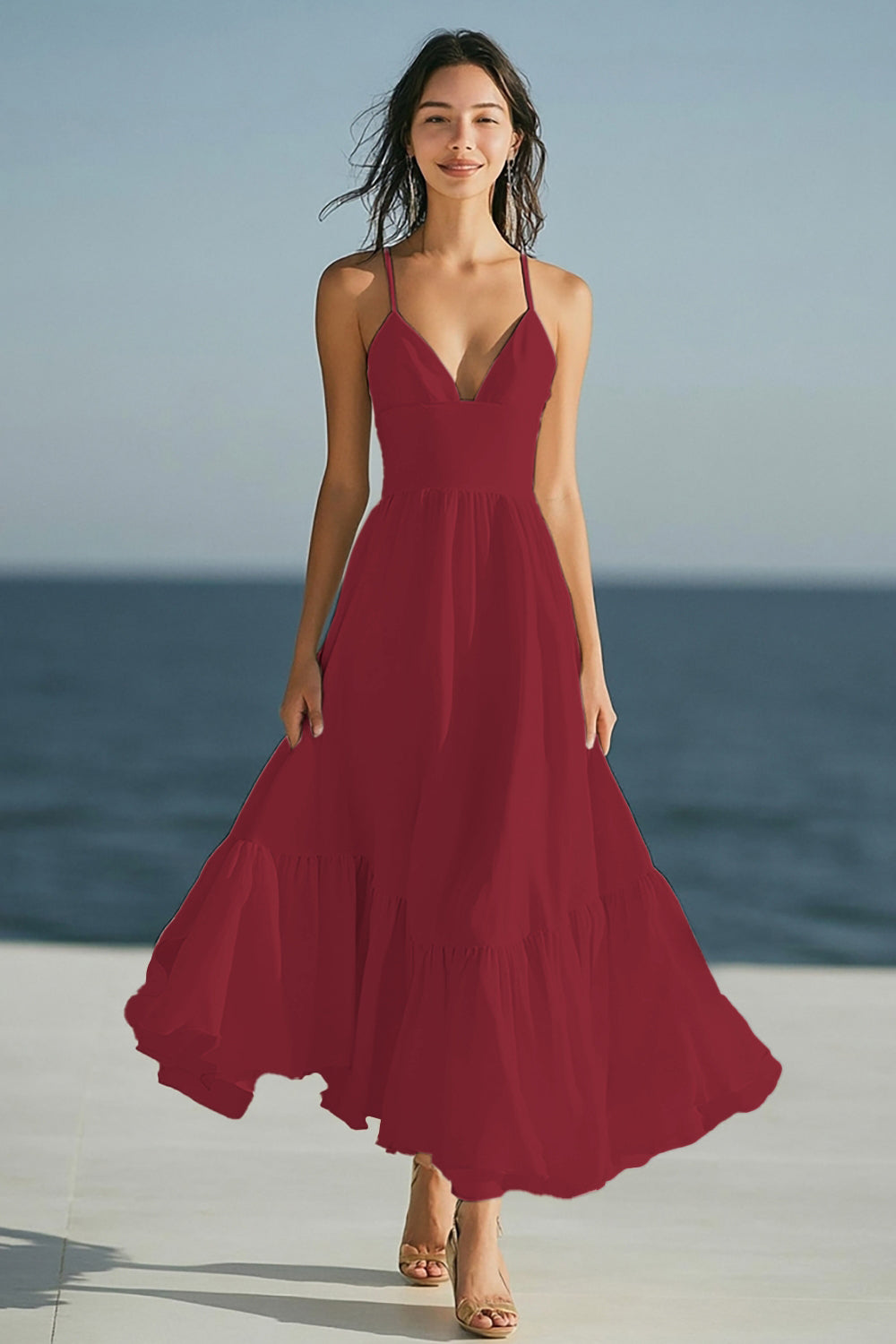 Simple Ivory Spaghetti Straps Beach Maxi Engagement Dress