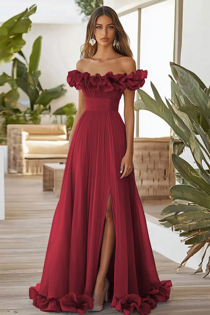 Blue Off the Shoulder A Line Long Formal Dress with Slit
