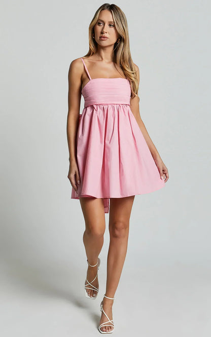 Clover Mini Dress Back Bow Babydoll Dress in Pink