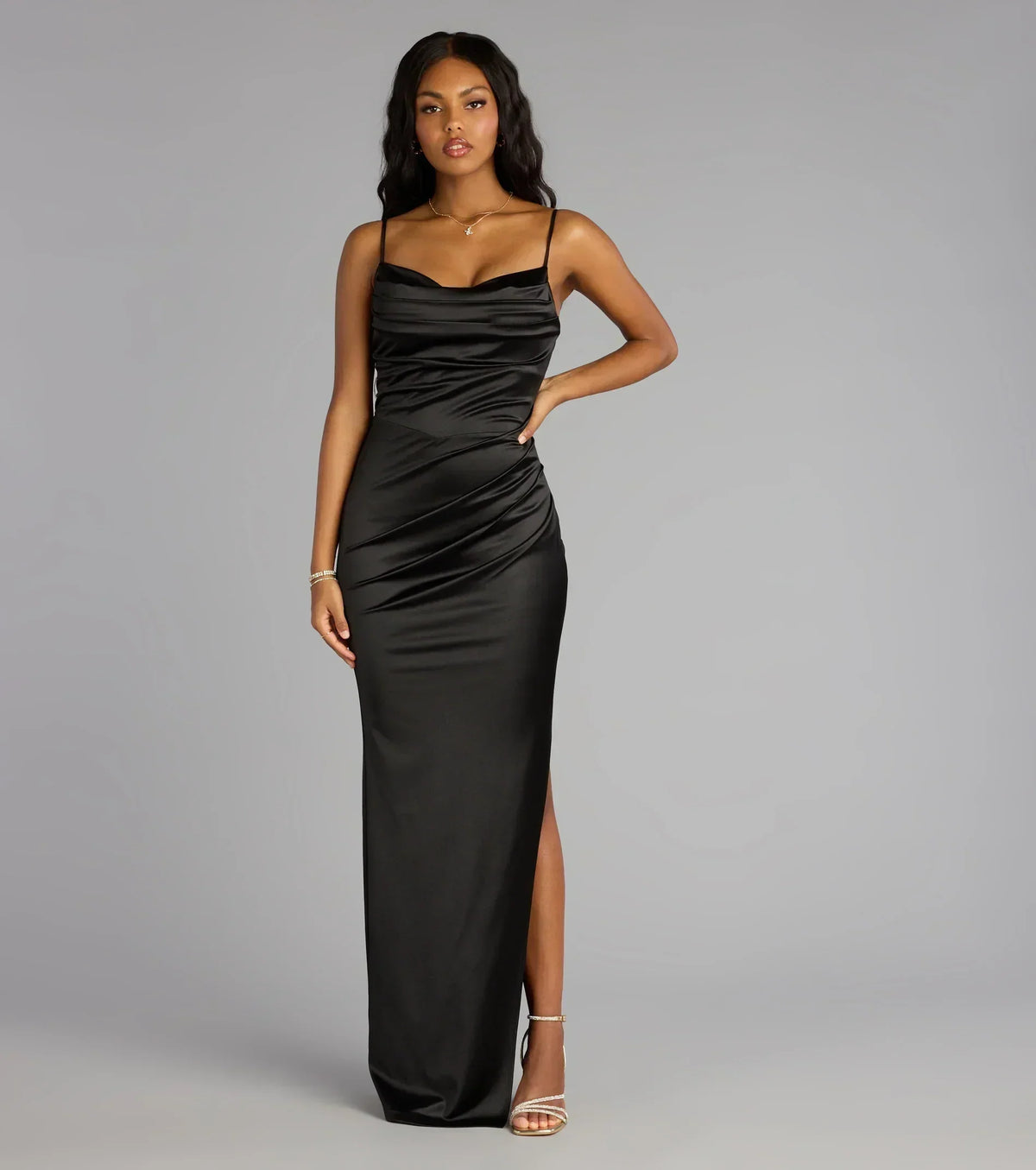 Jane Cowl Neck Slit Satin Formal Column Dress