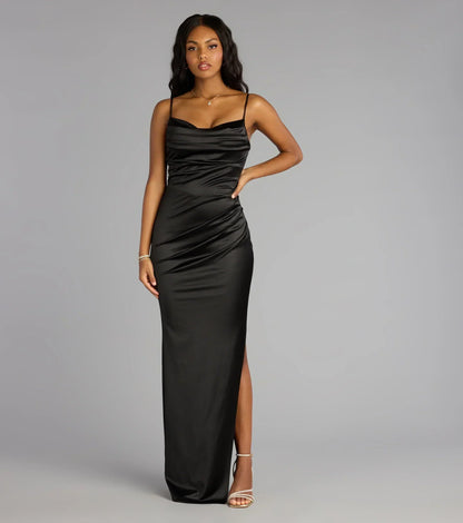 Jane Cowl Neck Slit Satin Formal Column Dress