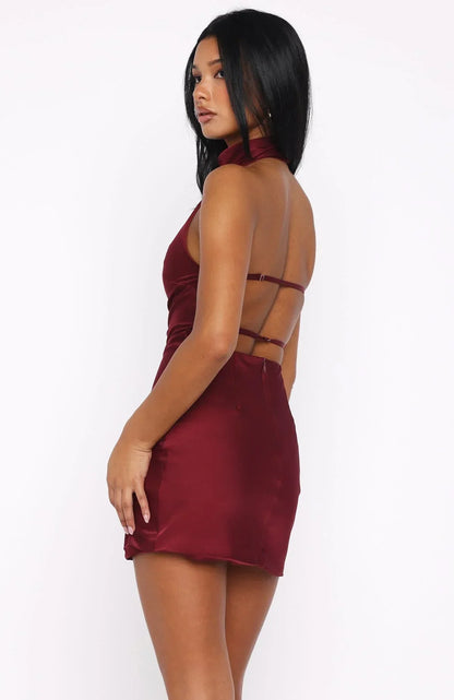 Just Small Talk Halter Mini Dress Wine