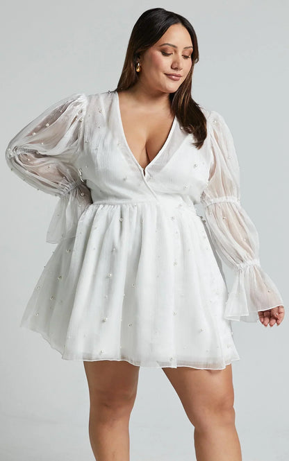 Solanna Mini Dress - Long Puff Sleeve V Neck Dress in White
