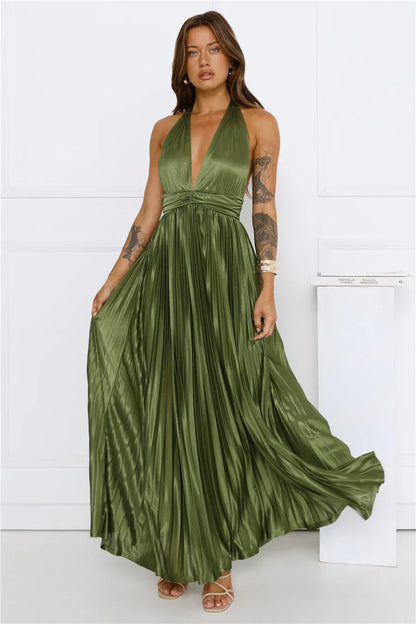 Shimmering Sea Pleated Halter Maxi Dress