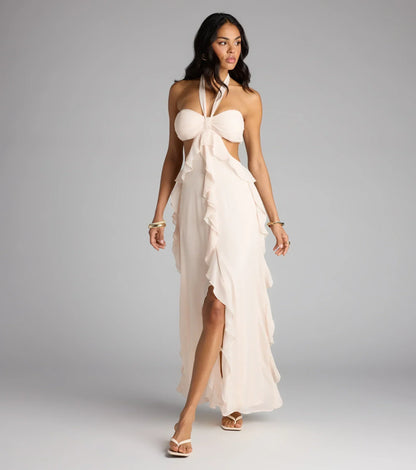 Ruffle and Ready Chiffon Halter Maxi Dress