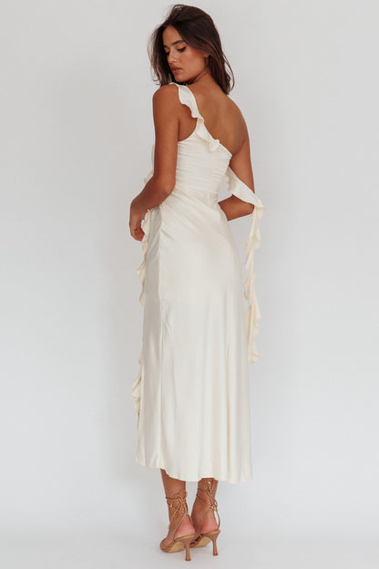 Like Yesterday Satin Ruffle Midi Dress Butter