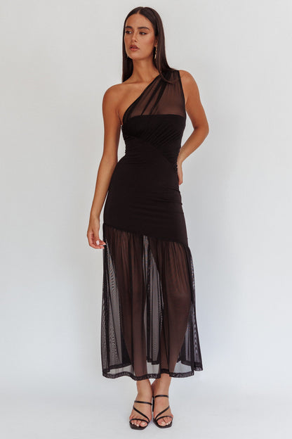 Passion One-Shoulder Mesh Maxi Dress Black