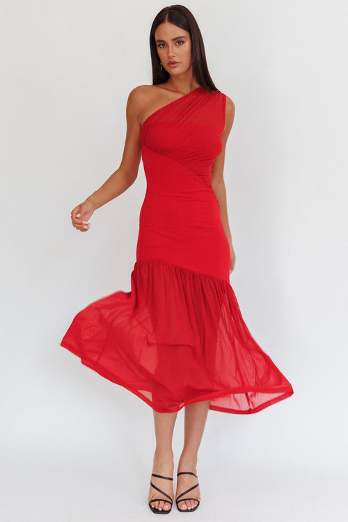 Passion One-Shoulder Mesh Maxi Dress Red