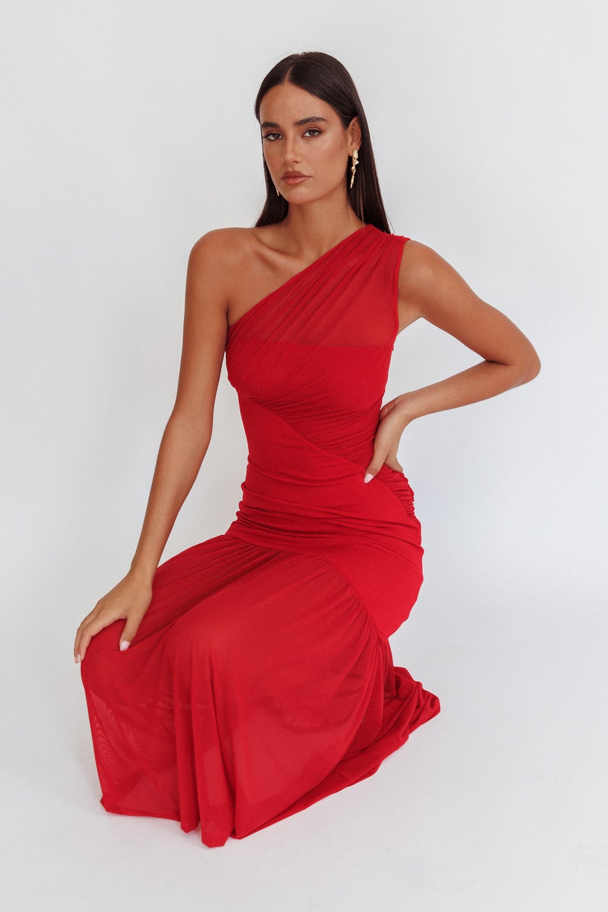 Passion One-Shoulder Mesh Maxi Dress Red