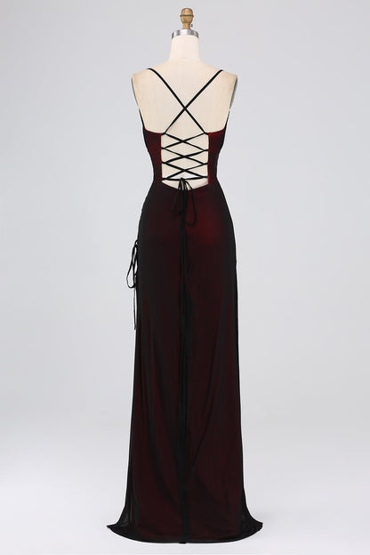 Black Blue Mermaid Spaghetti Straps Long Bridesmaid Dress with Slit