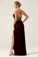 Black Blue Spaghetti Straps Mermaid Pleated Long Prom Dress with Slit