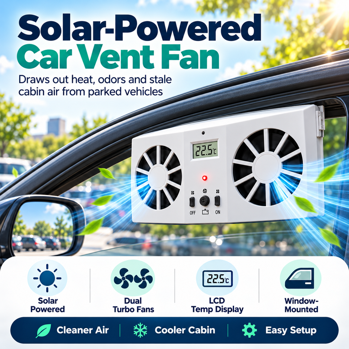 Solar Powered Car Window Exhaust Fan, Dual Turbo Cooling Vent Fan with LCD Temperature Display, USB Rechargeable, Remove Heat, Odor & Formaldehyde for Parked Vehicle
