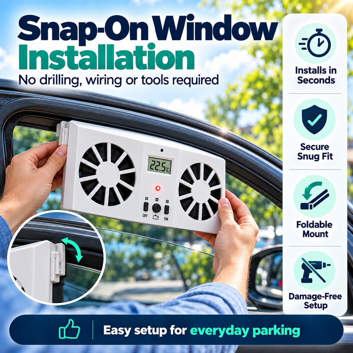 Solar Powered Car Window Exhaust Fan, Dual Turbo Cooling Vent Fan with LCD Temperature Display, USB Rechargeable, Remove Heat, Odor & Formaldehyde for Parked Vehicle