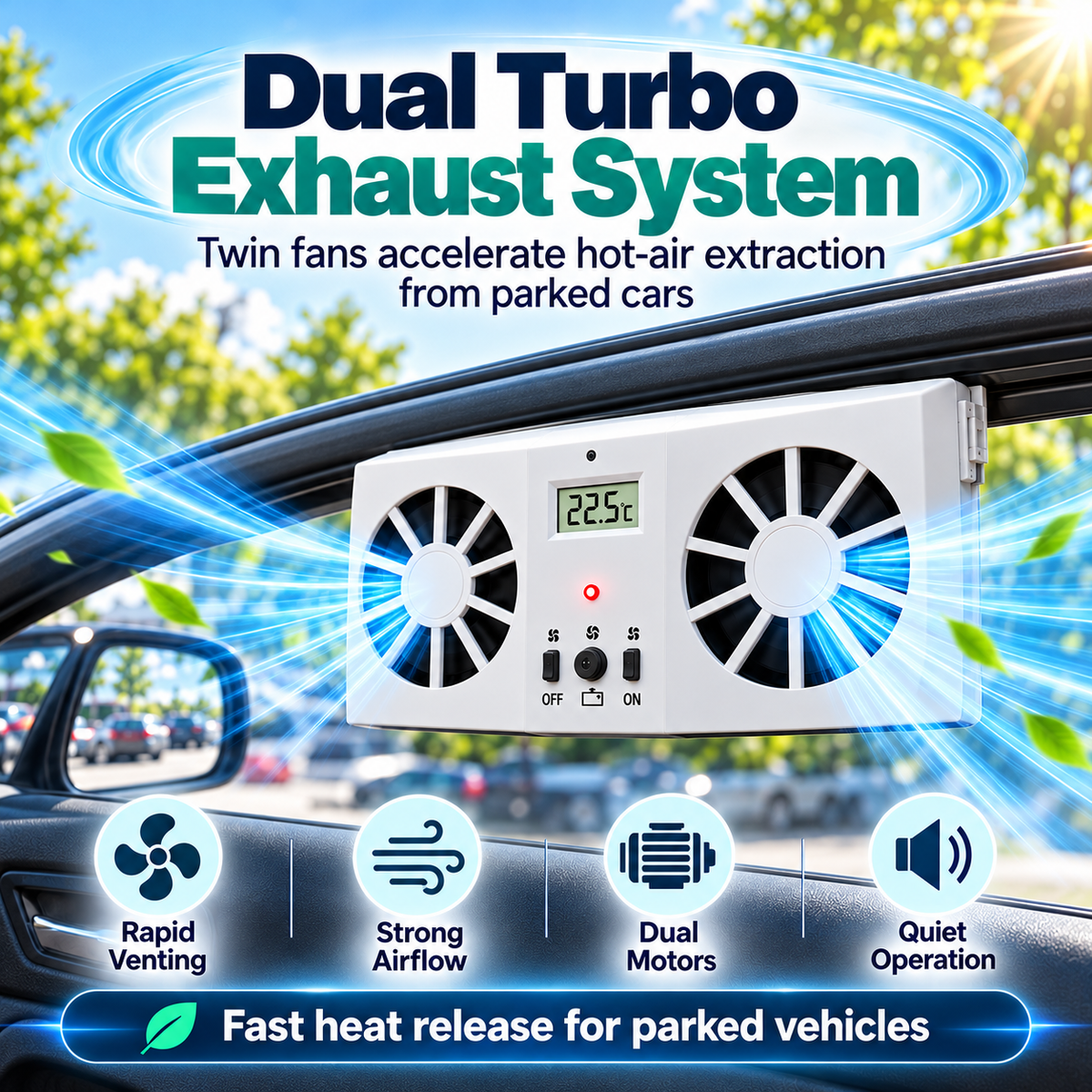 Solar Powered Car Window Exhaust Fan, Dual Turbo Cooling Vent Fan with LCD Temperature Display, USB Rechargeable, Remove Heat, Odor & Formaldehyde for Parked Vehicle