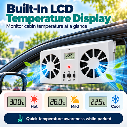 Solar Powered Car Window Exhaust Fan, Dual Turbo Cooling Vent Fan with LCD Temperature Display, USB Rechargeable, Remove Heat, Odor & Formaldehyde for Parked Vehicle