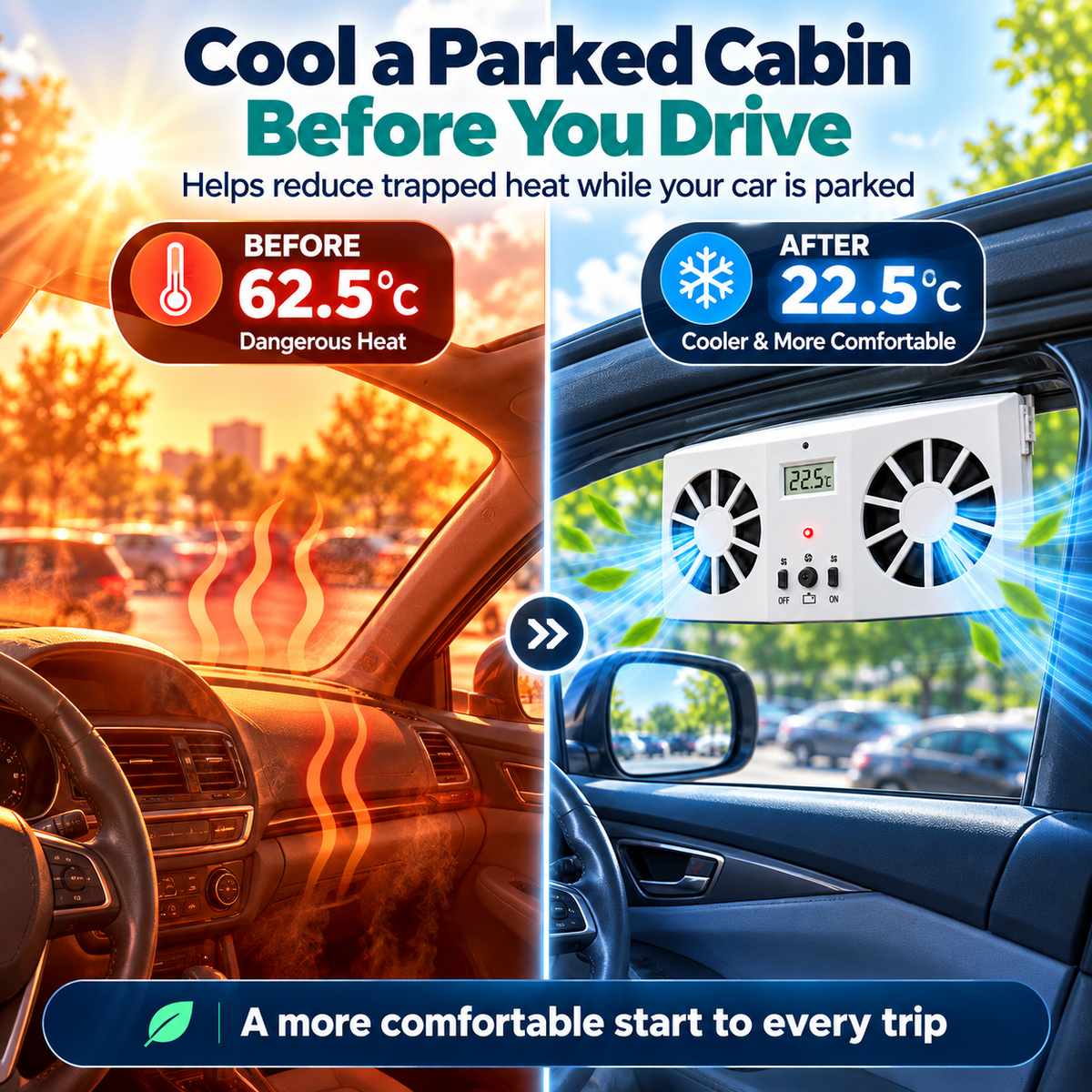 Solar Powered Car Window Exhaust Fan, Dual Turbo Cooling Vent Fan with LCD Temperature Display, USB Rechargeable, Remove Heat, Odor & Formaldehyde for Parked Vehicle