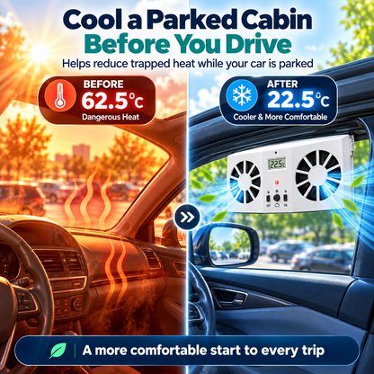 Solar Powered Car Window Exhaust Fan, Dual Turbo Cooling Vent Fan with LCD Temperature Display, USB Rechargeable, Remove Heat, Odor & Formaldehyde for Parked Vehicle