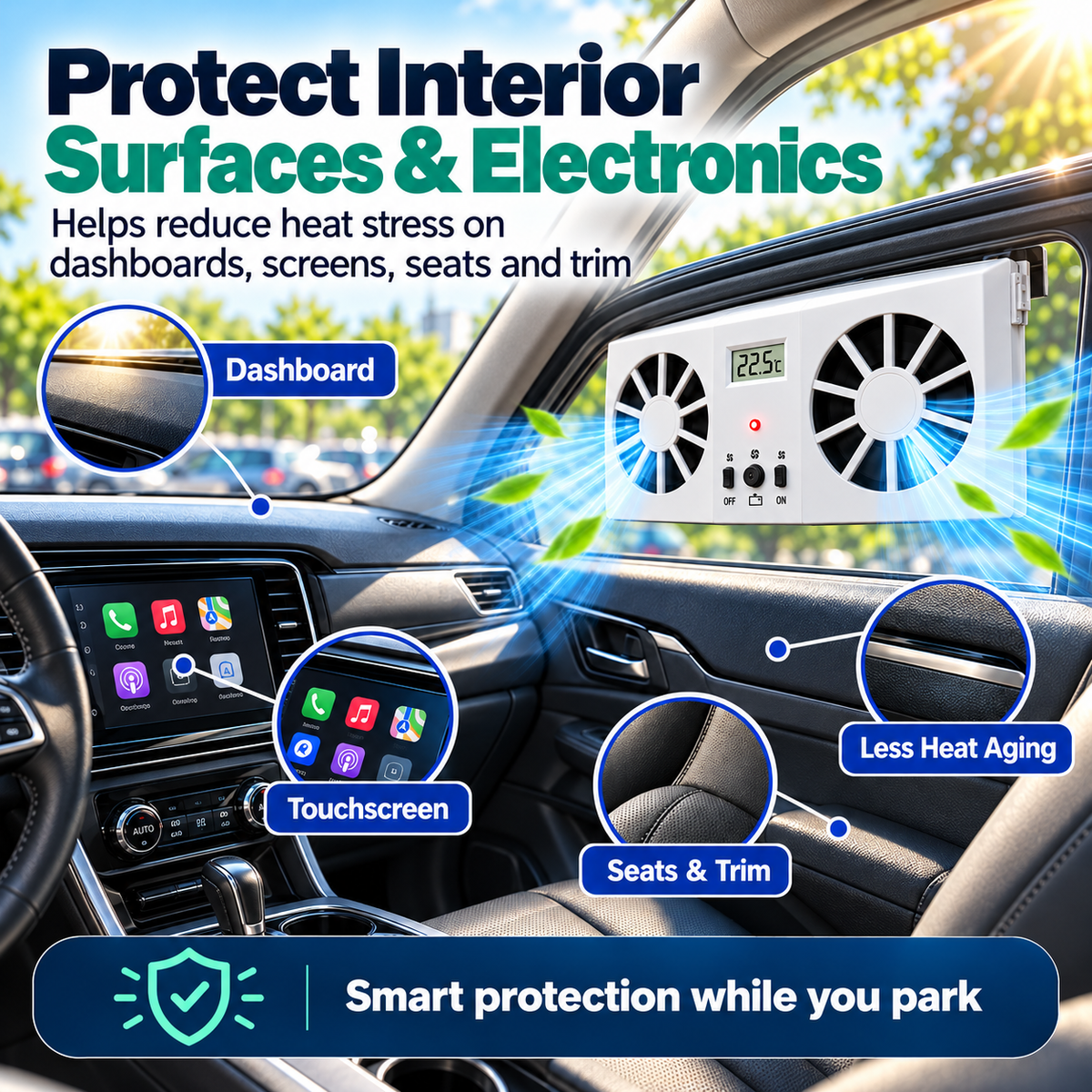 Solar Powered Car Window Exhaust Fan, Dual Turbo Cooling Vent Fan with LCD Temperature Display, USB Rechargeable, Remove Heat, Odor & Formaldehyde for Parked Vehicle