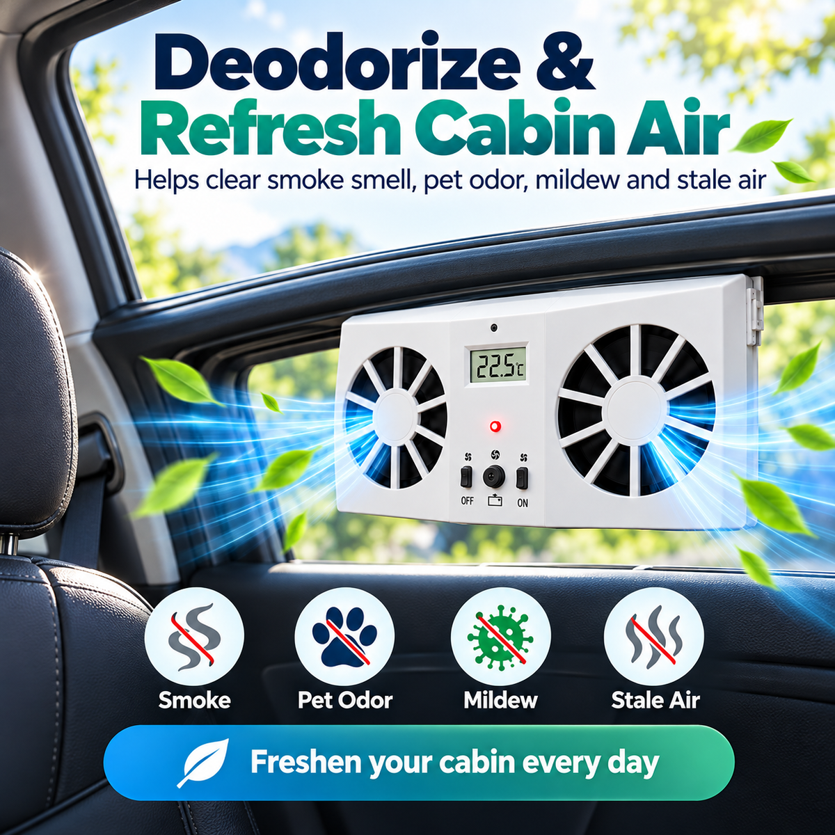Solar Powered Car Window Exhaust Fan, Dual Turbo Cooling Vent Fan with LCD Temperature Display, USB Rechargeable, Remove Heat, Odor & Formaldehyde for Parked Vehicle