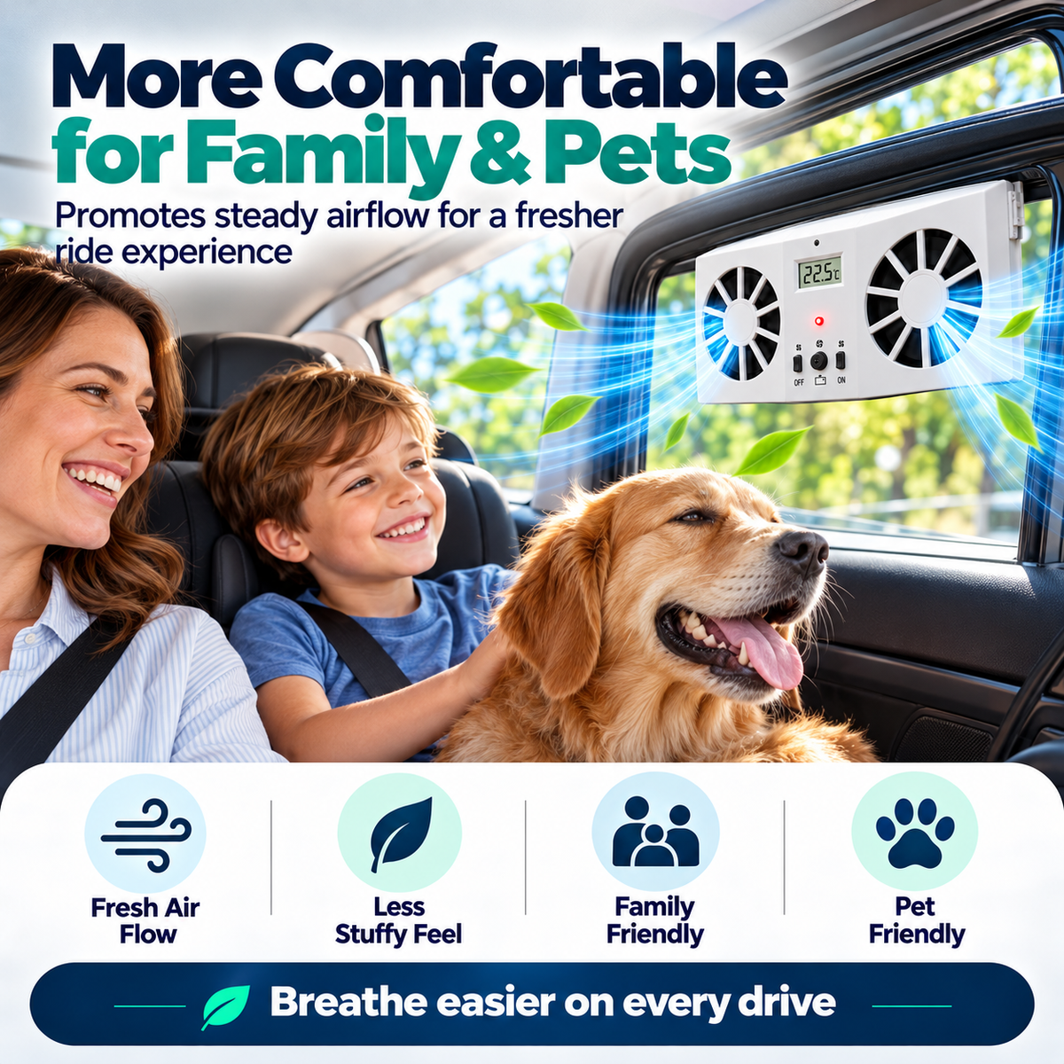 Solar Powered Car Window Exhaust Fan, Dual Turbo Cooling Vent Fan with LCD Temperature Display, USB Rechargeable, Remove Heat, Odor & Formaldehyde for Parked Vehicle