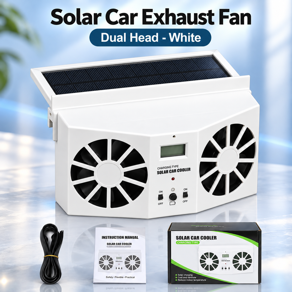 Solar Powered Car Window Exhaust Fan, Dual Turbo Cooling Vent Fan with LCD Temperature Display, USB Rechargeable, Remove Heat, Odor & Formaldehyde for Parked Vehicle