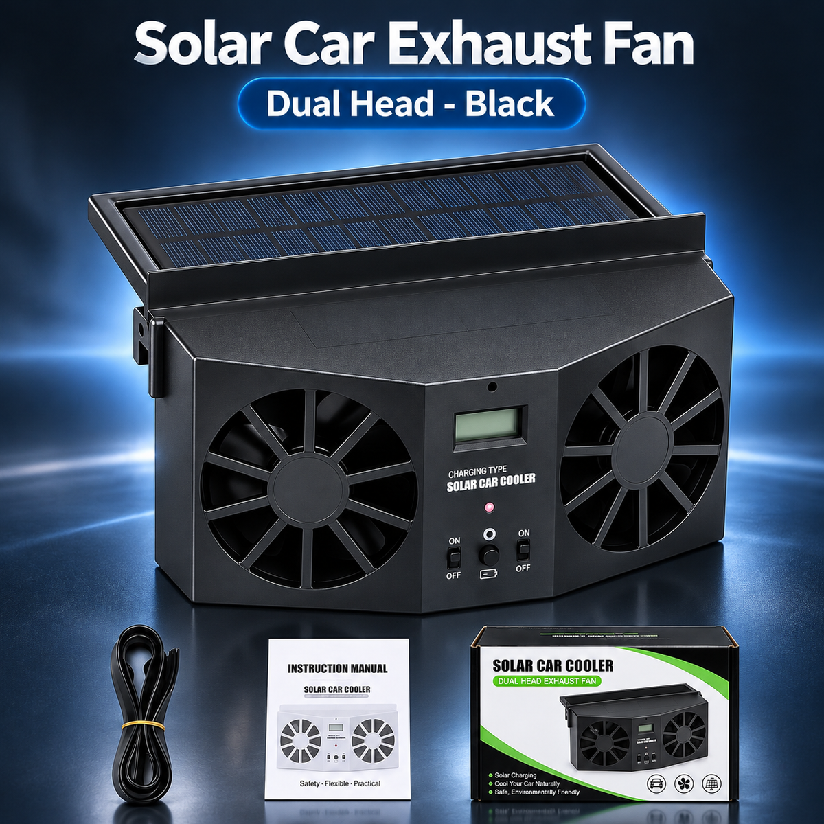 Solar Powered Car Window Exhaust Fan, Dual Turbo Cooling Vent Fan with LCD Temperature Display, USB Rechargeable, Remove Heat, Odor & Formaldehyde for Parked Vehicle