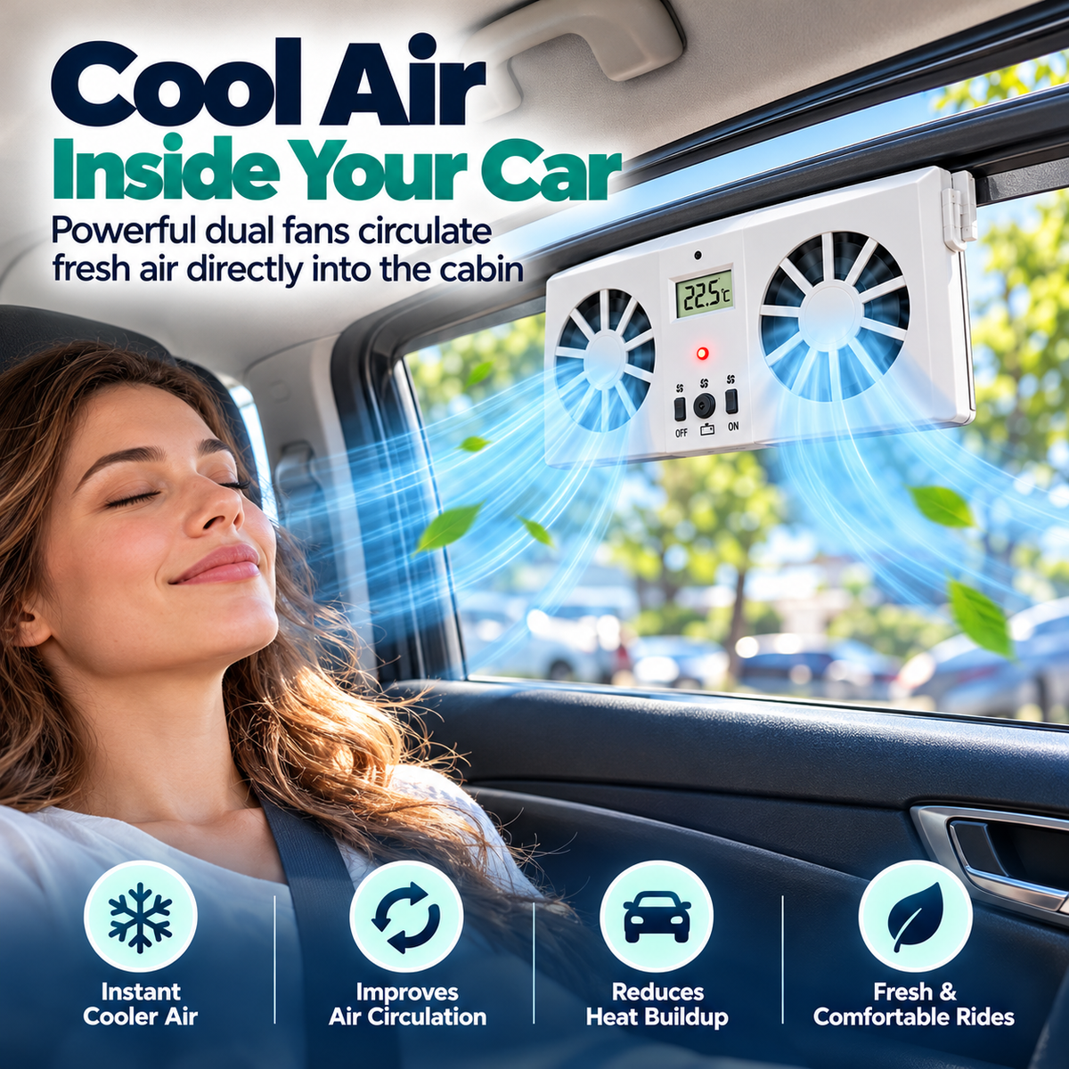 Solar Powered Car Window Exhaust Fan, Dual Turbo Cooling Vent Fan with LCD Temperature Display, USB Rechargeable, Remove Heat, Odor & Formaldehyde for Parked Vehicle