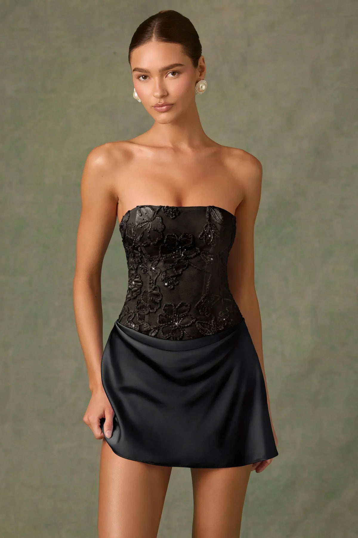 Embellished Draped Strapless A-Line Mini Dress in Black