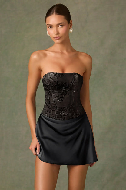 Embellished Draped Strapless A-Line Mini Dress in Black