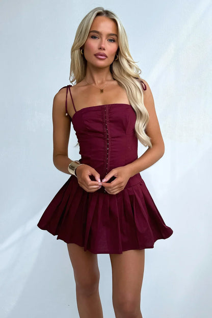 Yaz Pleated Mini Dress - Burgundy