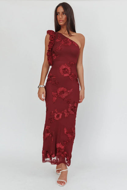 Deanna One-Shoulder Ruffle Maxi Dress Floral Texture Wine