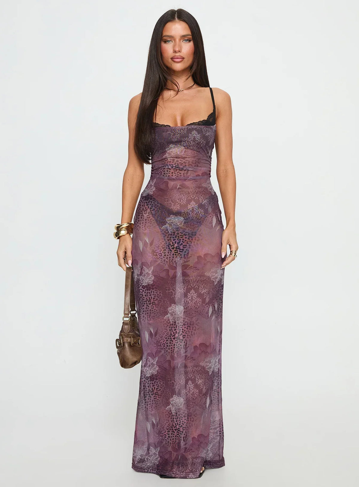 Evera Sheer Built In Bra Maxi Dress Purple