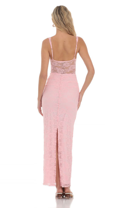 Lace Twist Ruched Maxi Dress in Pink