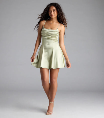 True Perfection Pleated Satin Skater Dress