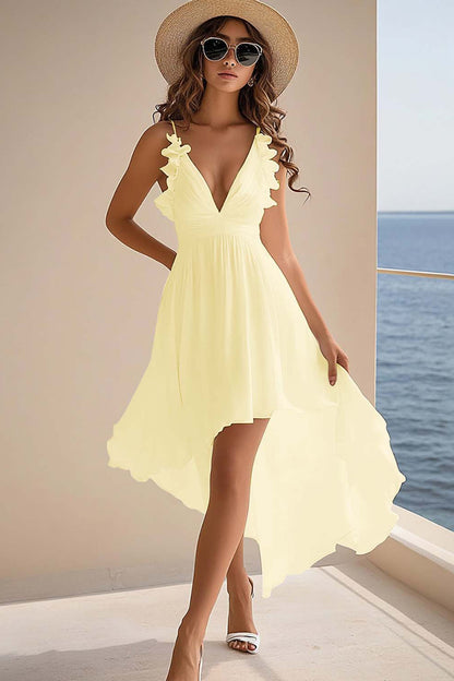 Lilac Chiffon Boho A Line High Low Graduation Dress with Ruffles