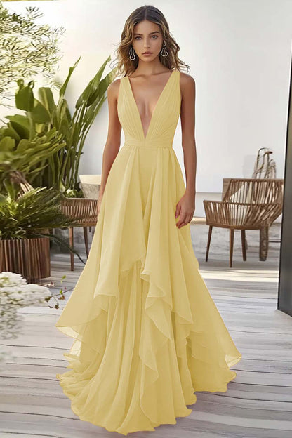 Orange Chiffon Deep V-Neck Long Wedding Guest Dress with Ruffles