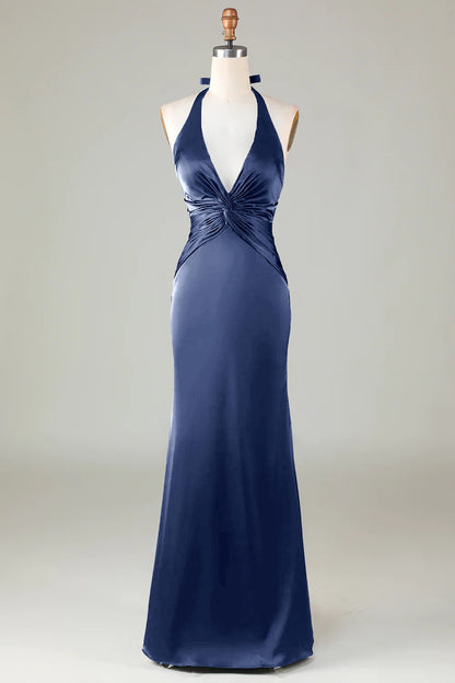 Mermaid Halter Dusty Blue Long Satin Bridesmaid Dress