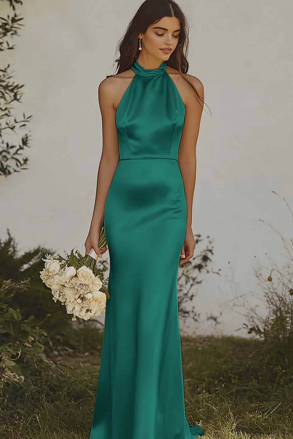Mermaid Light Yellow Halter Long Satin Bridesmaid Dress