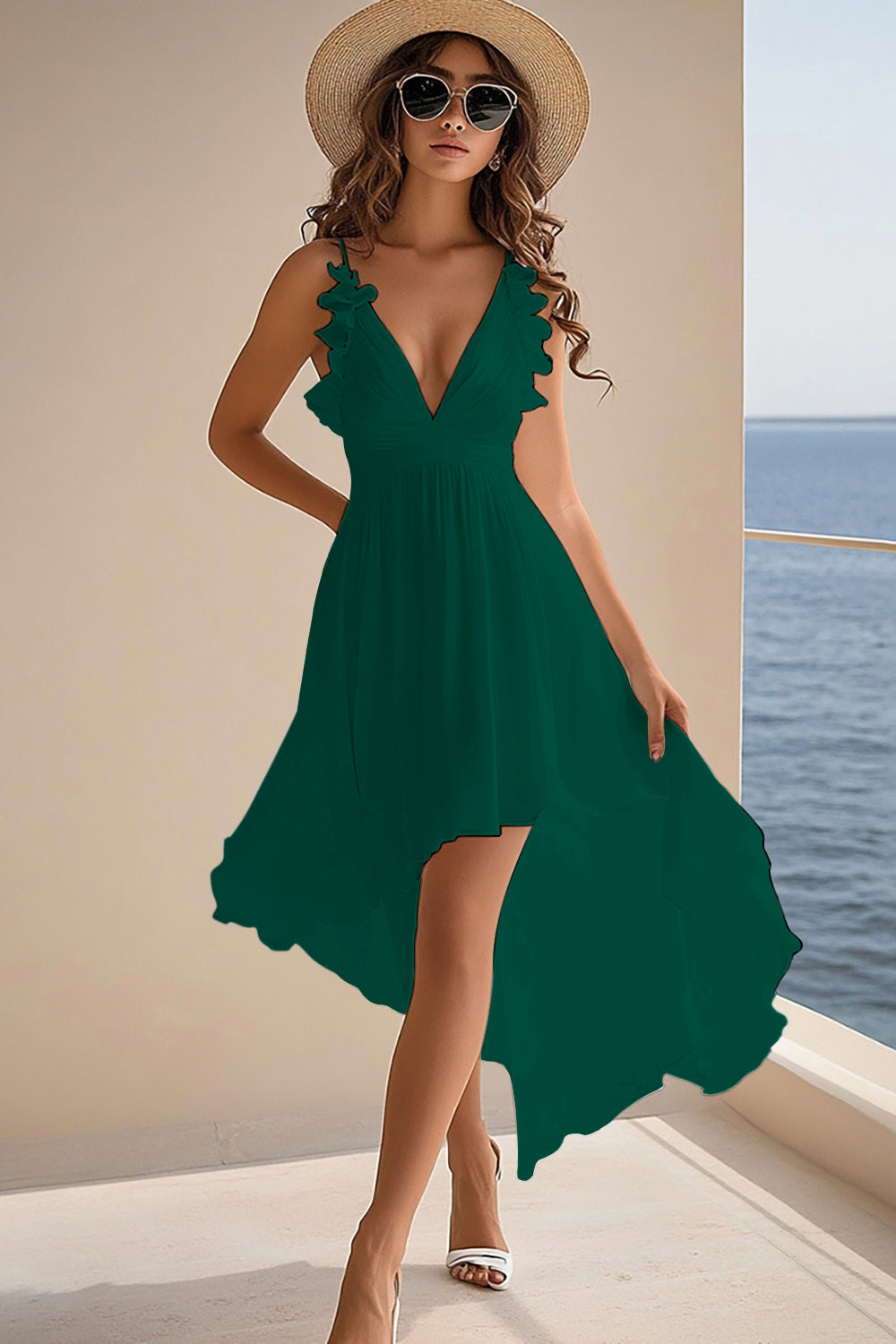 White Chiffon A Line Boho High Low Graduation Dress with Ruffles
