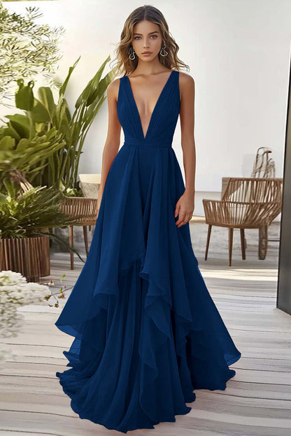 Orange Chiffon Deep V-Neck Long Wedding Guest Dress with Ruffles
