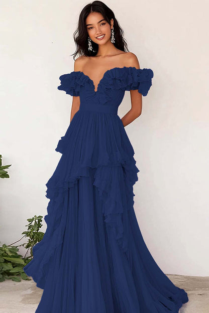 Lilac Chiffon A Line Long Off the Shoulder Prom Dress with Ruffles