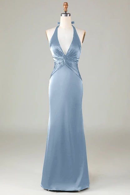 Blushing Pink Sheath Halter Satin Long Bridesmaid Dress