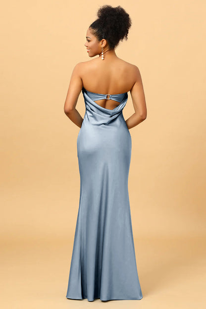 Grey Blue Satin Mermaid Bridesmaid Dress