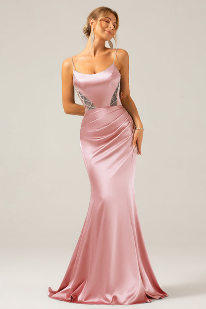 Mermaid Grey Blue Satin Spaghetti Straps Pleated Maxi Dress