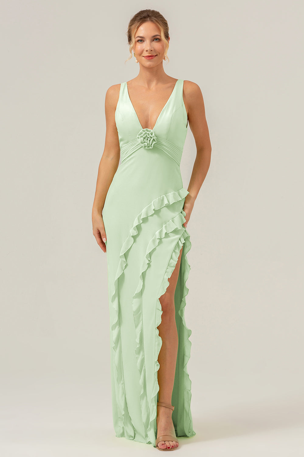 Lime Deep V Neck Ruffles Long Bridesmaid Dress with Slit